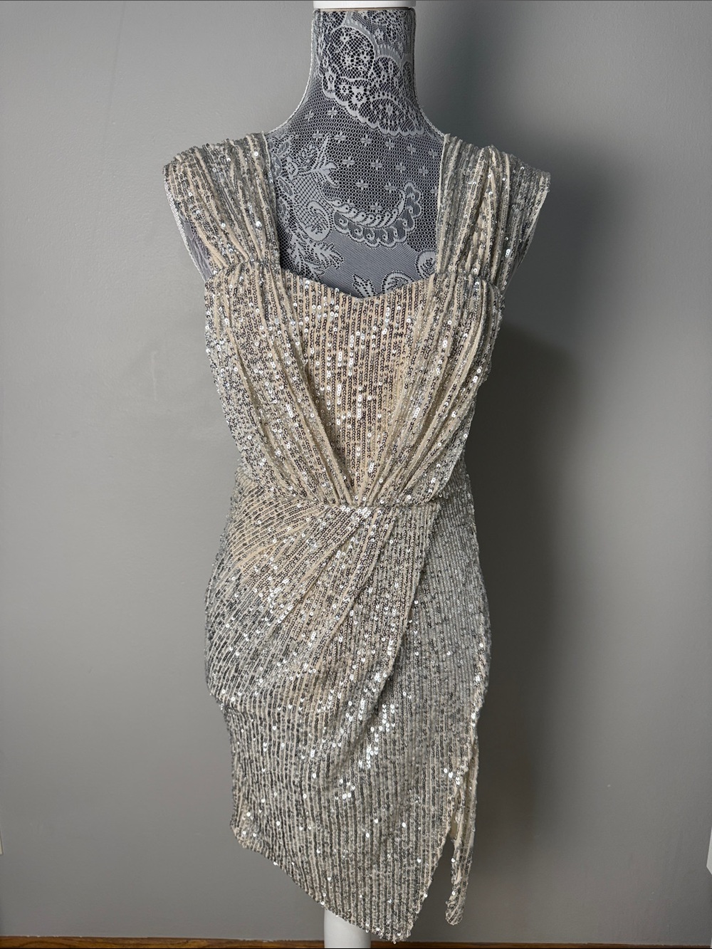 Fashion Nova Silver Sequin Draped Mini Dress